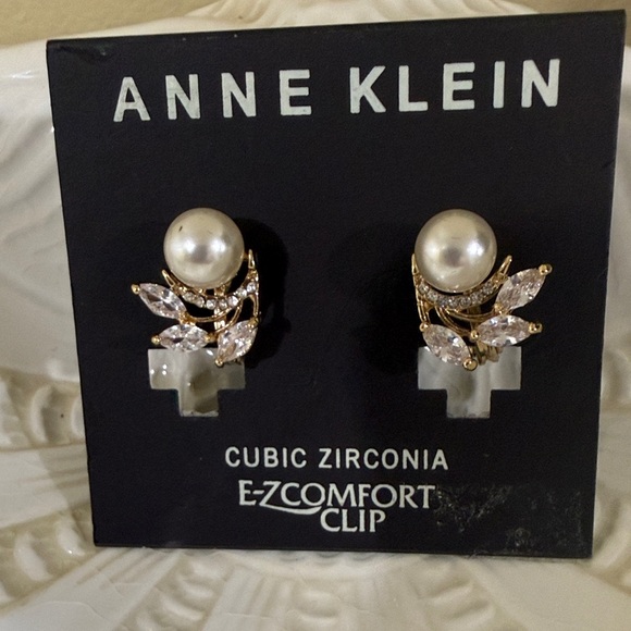 Anne Klein Gold and Pearl Clip Earrings - Picture 2 of 4